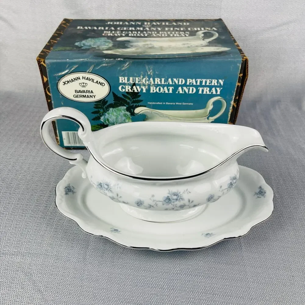 Johann Haviland Gravy Boat and Tray Blue Garland Pattern Bavaria Germany